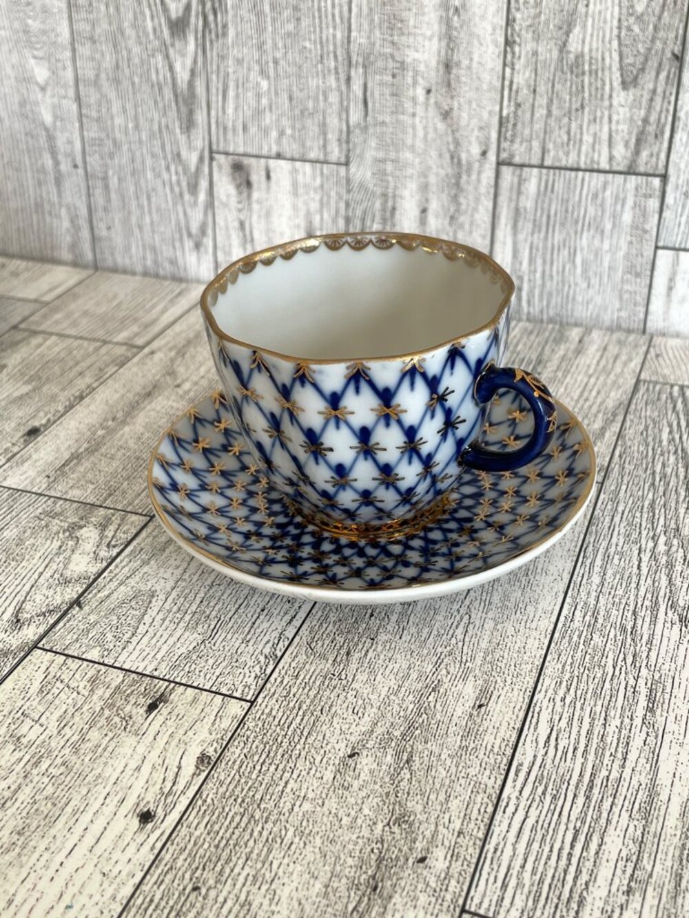 Lomonosov Imperial Porcelain Cobalt Net Teacup and Saucer Net Pattern USSR